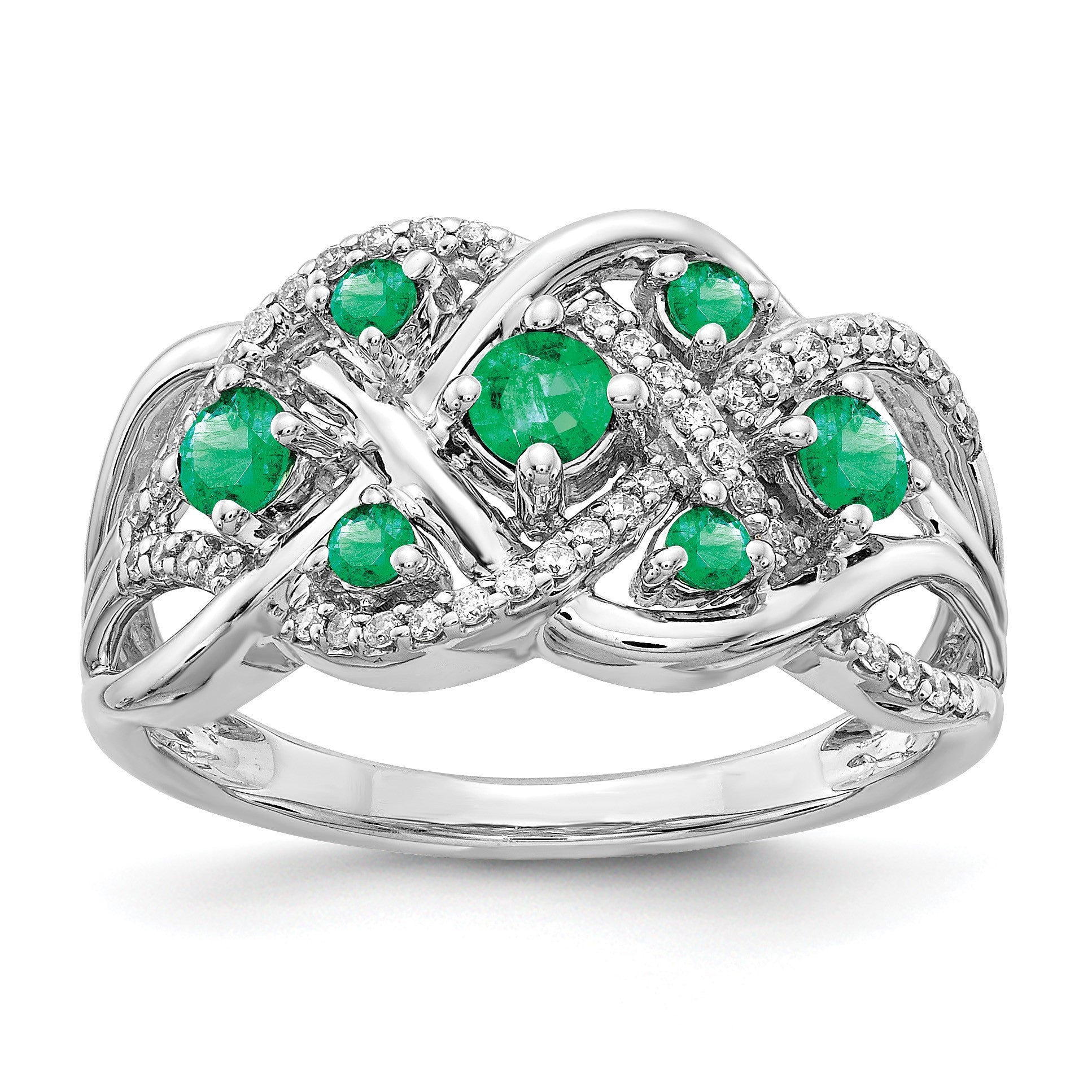 14k White Gold Emerald and 1/5 carat Diamond Fancy Woven Ring