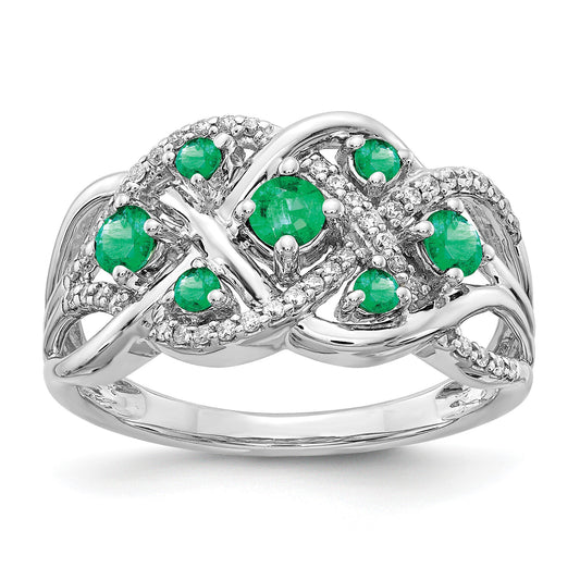 14k White Gold Emerald and 1/5 carat Diamond Fancy Woven Ring