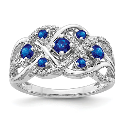 14k White Gold Blue Sapphire and 1/5 carat Diamond Fancy Woven Ring