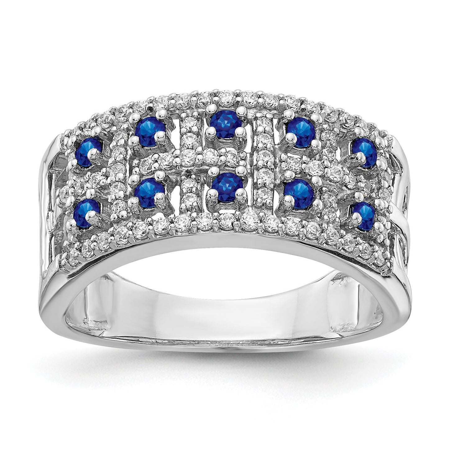 14k White Gold Two-Row Blue Sapphire and 1/3 carat Diamond Fancy Ring
