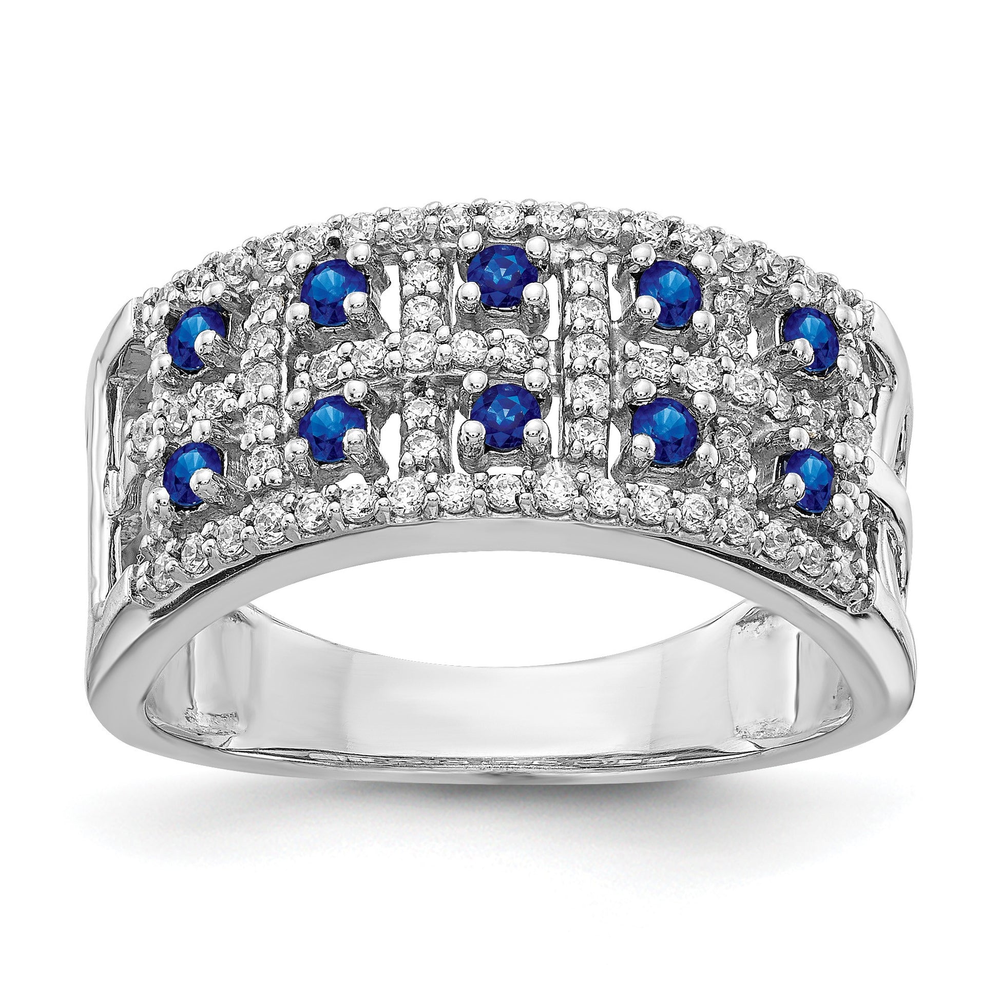 14k White Gold Two-Row Blue Sapphire and 1/3 carat Diamond Fancy Ring