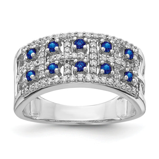 14k White Gold Two-Row Blue Sapphire and 1/3 carat Diamond Fancy Ring