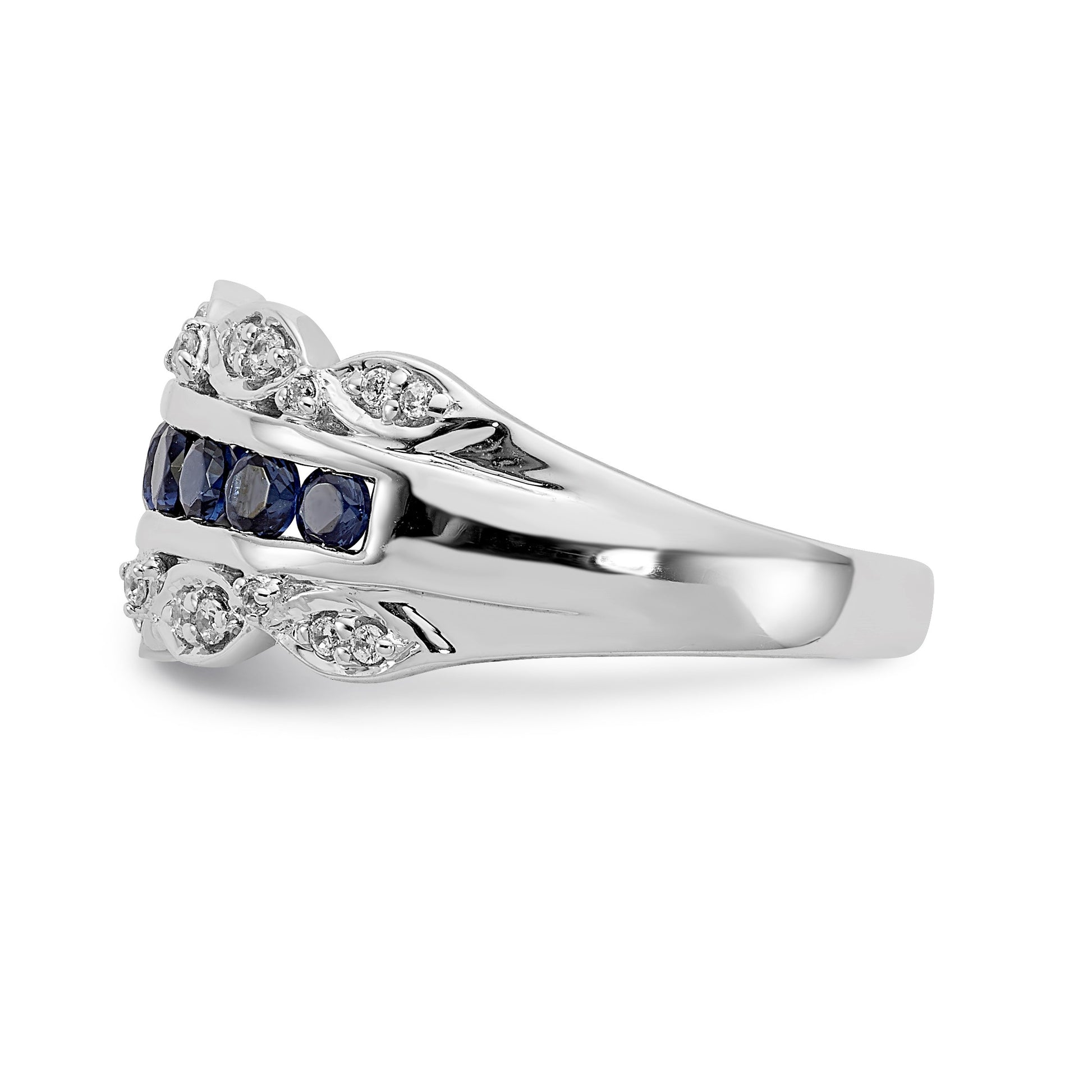 14k White Gold Graduated Channel-set Blue Sapphire and 1/5 carat Diamond Fancy Ring