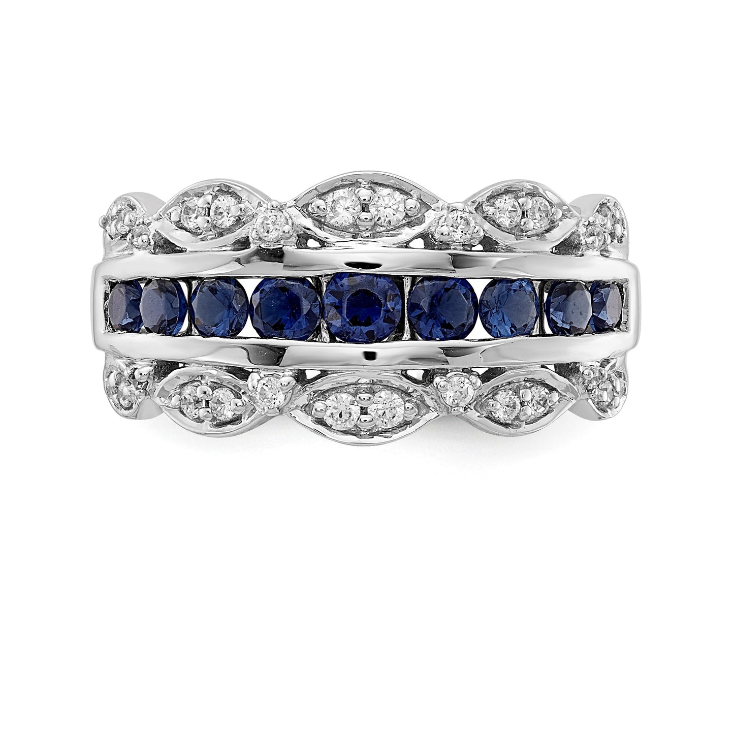 14k White Gold Graduated Channel-set Blue Sapphire and 1/5 carat Diamond Fancy Ring