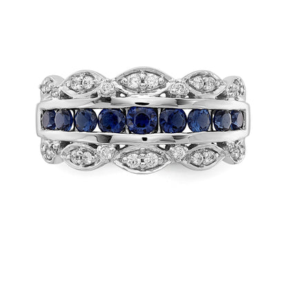 14k White Gold Graduated Channel-set Blue Sapphire and 1/5 carat Diamond Fancy Ring