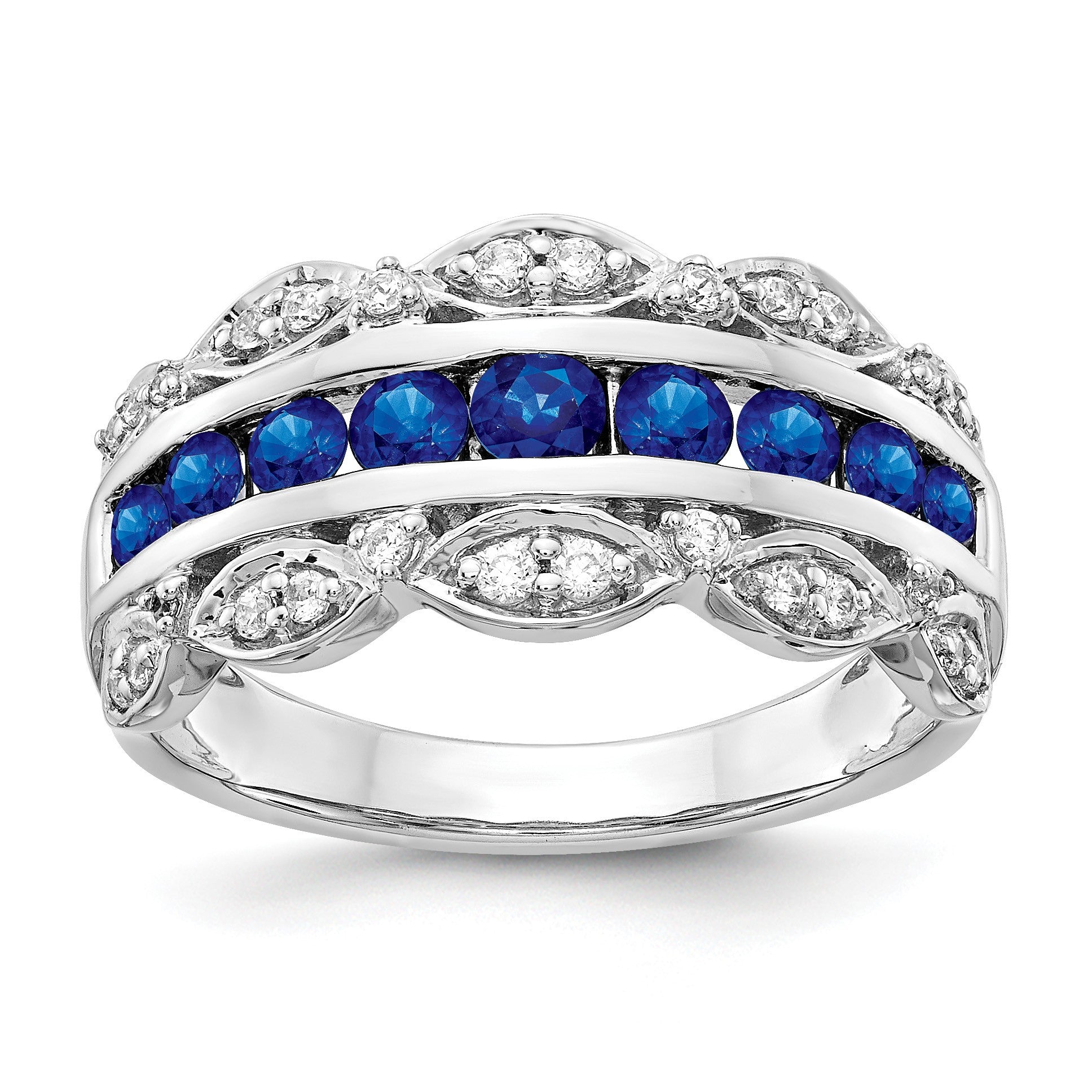 14k White Gold Graduated Channel-set Blue Sapphire and 1/5 carat Diamond Fancy Ring