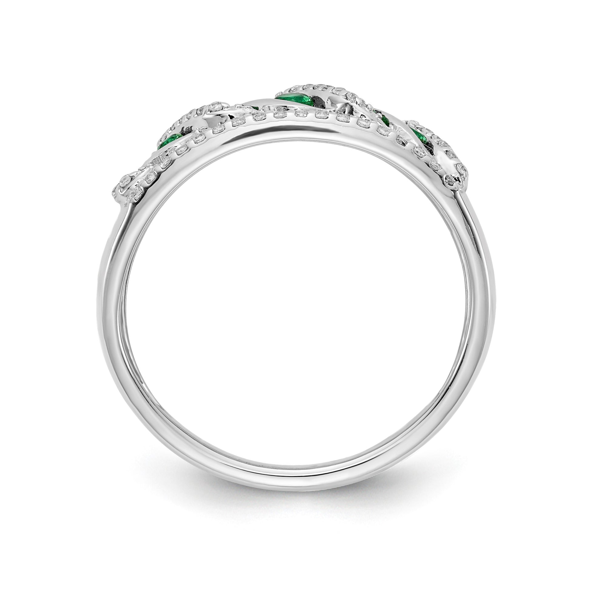 14k White Gold Graduated Emerald and 1/5 carat Diamond Fancy Twist Ring