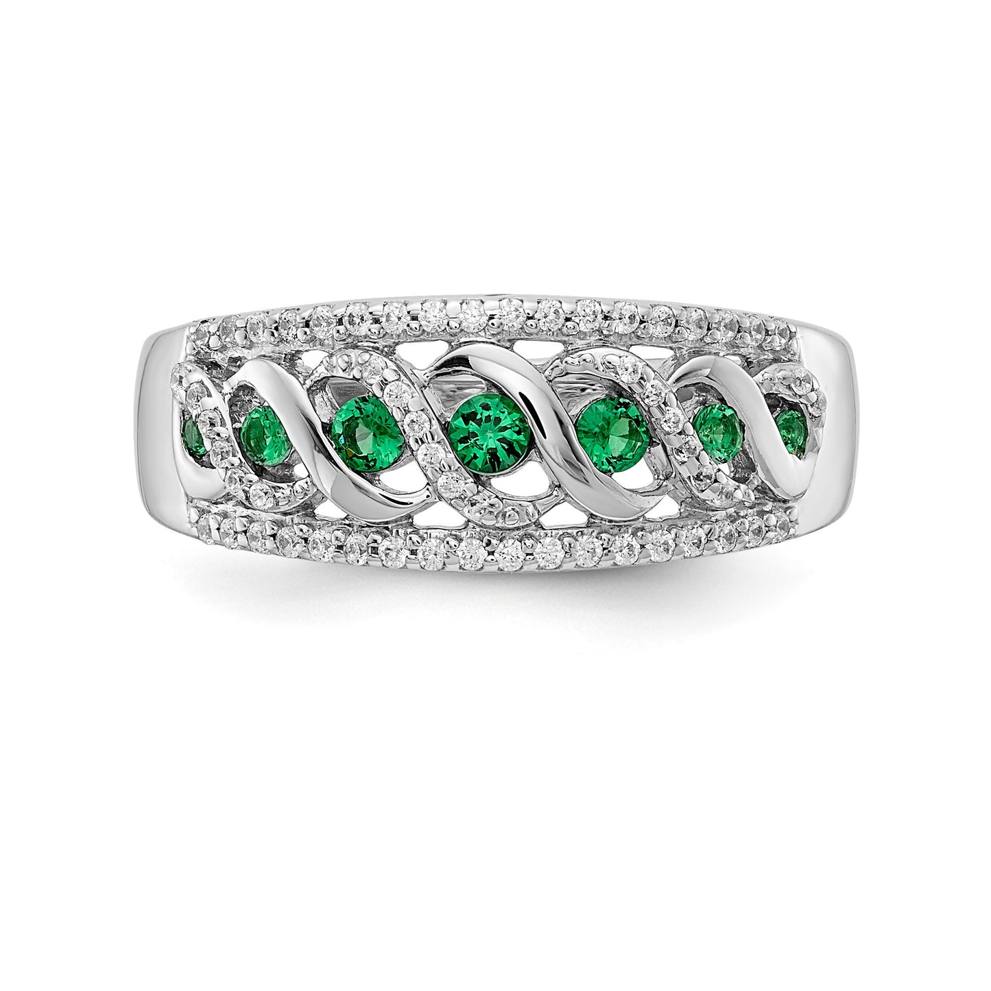 14k White Gold Graduated Emerald and 1/5 carat Diamond Fancy Twist Ring