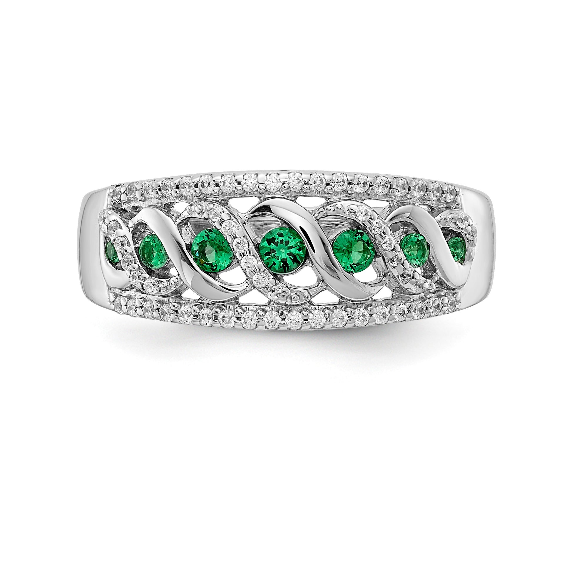 14k White Gold Graduated Emerald and 1/5 carat Diamond Fancy Twist Ring