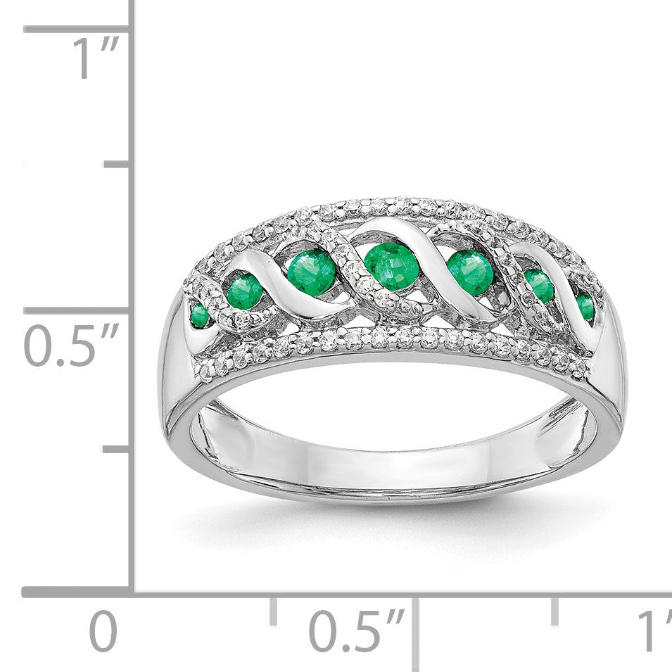 14k White Gold Graduated Emerald and 1/5 carat Diamond Fancy Twist Ring