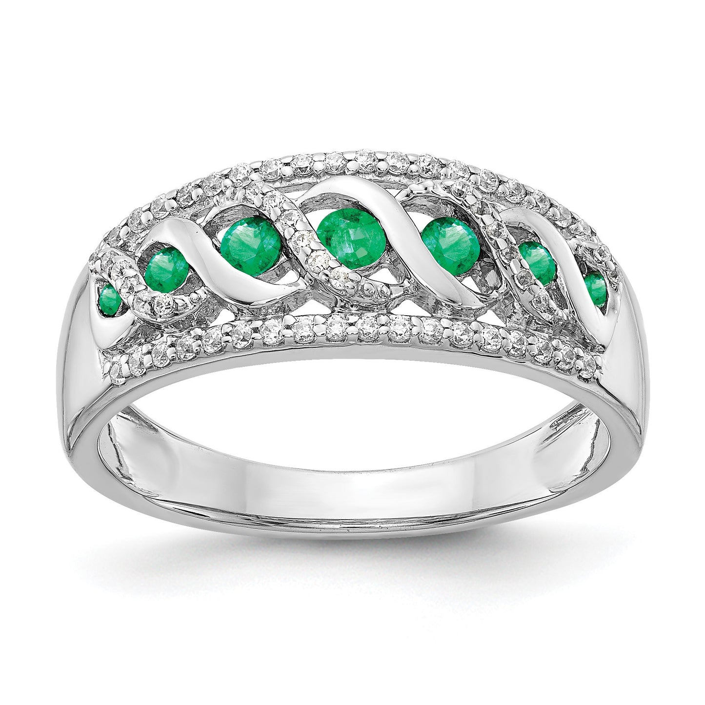 14k White Gold Graduated Emerald and 1/5 carat Diamond Fancy Twist Ring