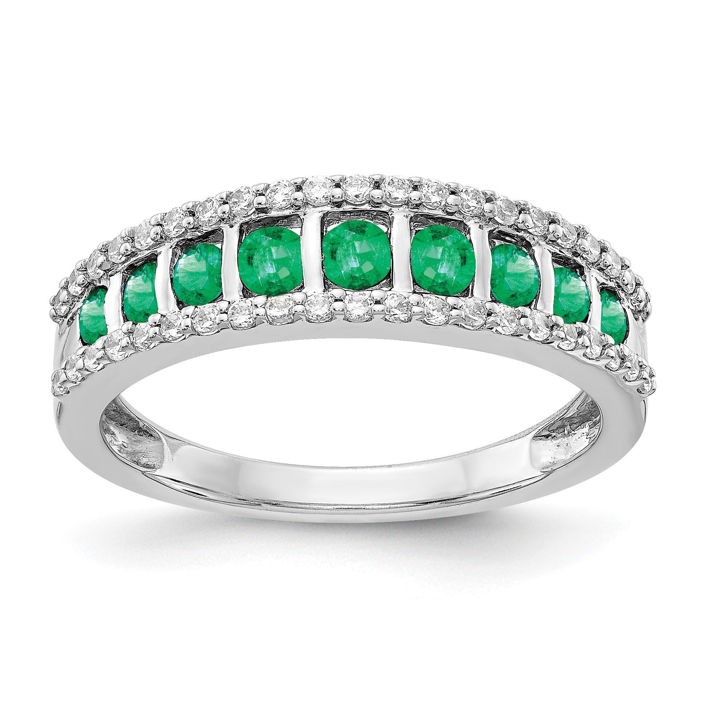 14k White Gold Graduated Channel-set Emerald and 1/4 carat Diamond Fancy Ring