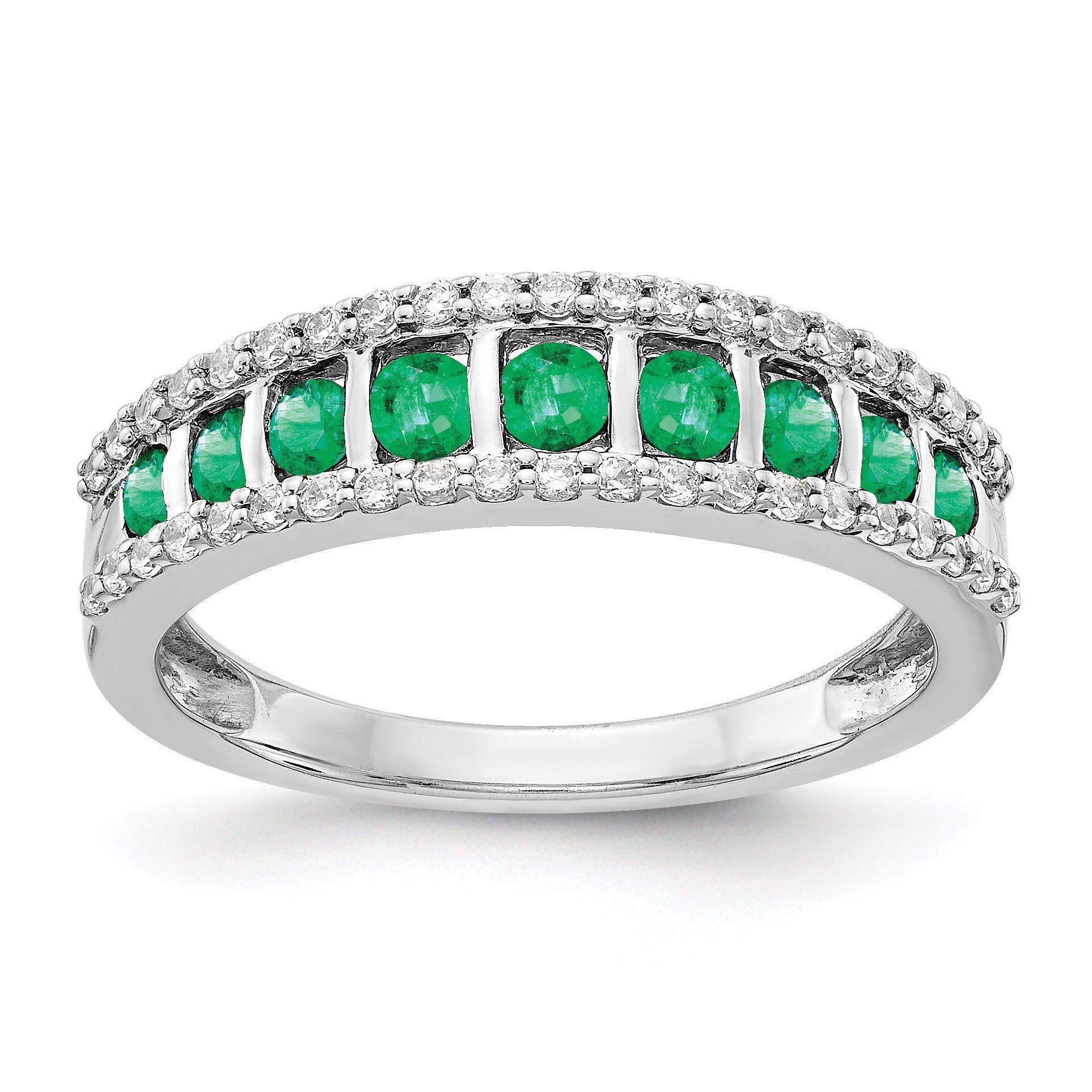14k White Gold Graduated Channel-set Emerald and 1/4 carat Diamond Fancy Ring