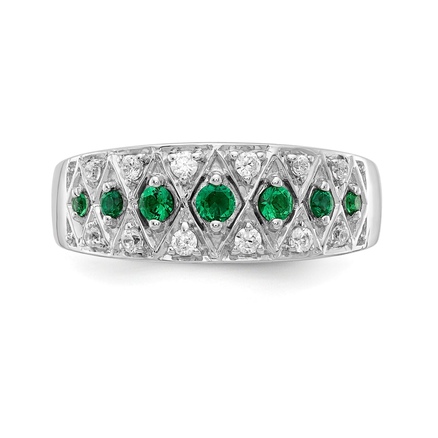 14k White Gold Graduated Emerald and 1/5 carat Diamond Fancy Ring
