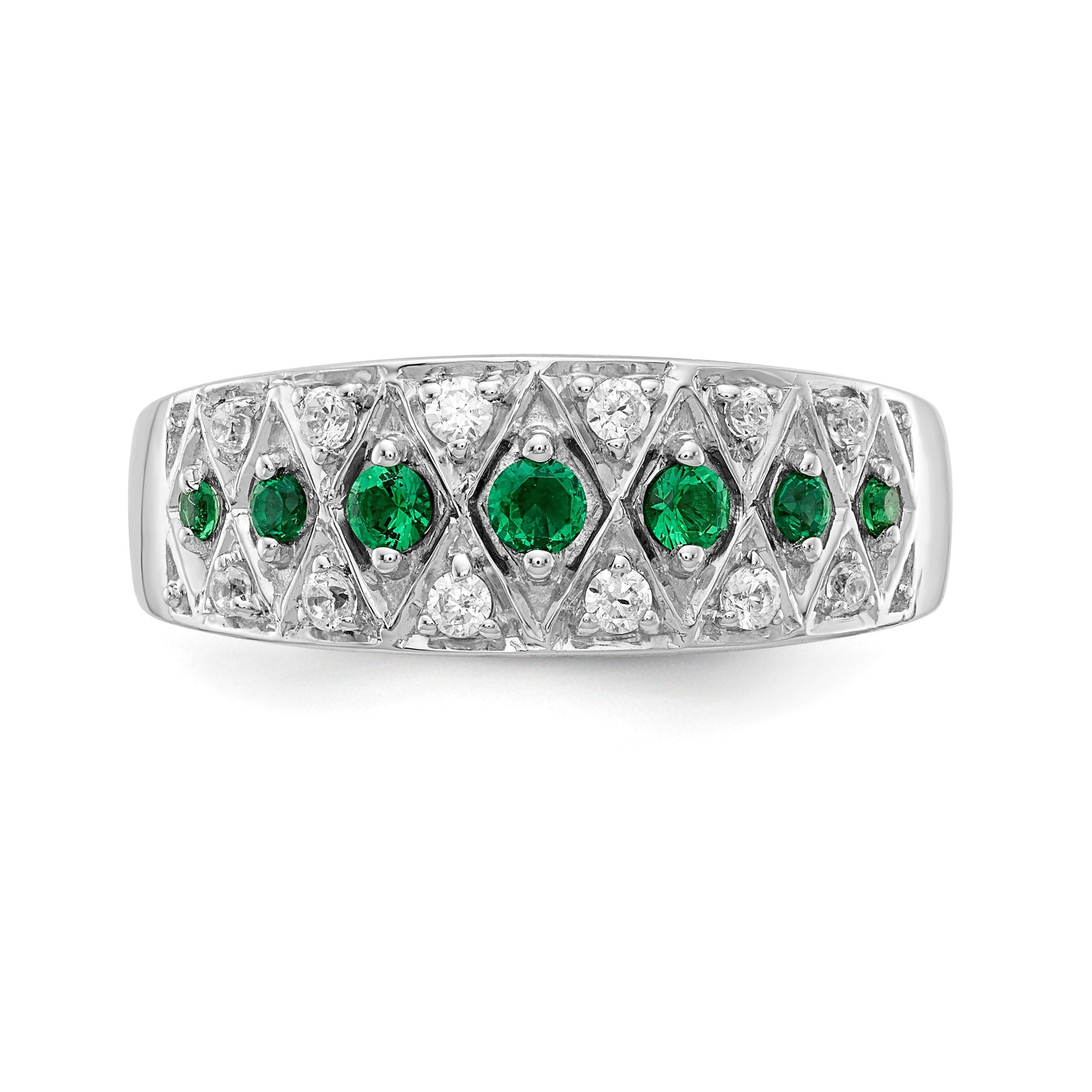 14k White Gold Graduated Emerald and 1/5 carat Diamond Fancy Ring