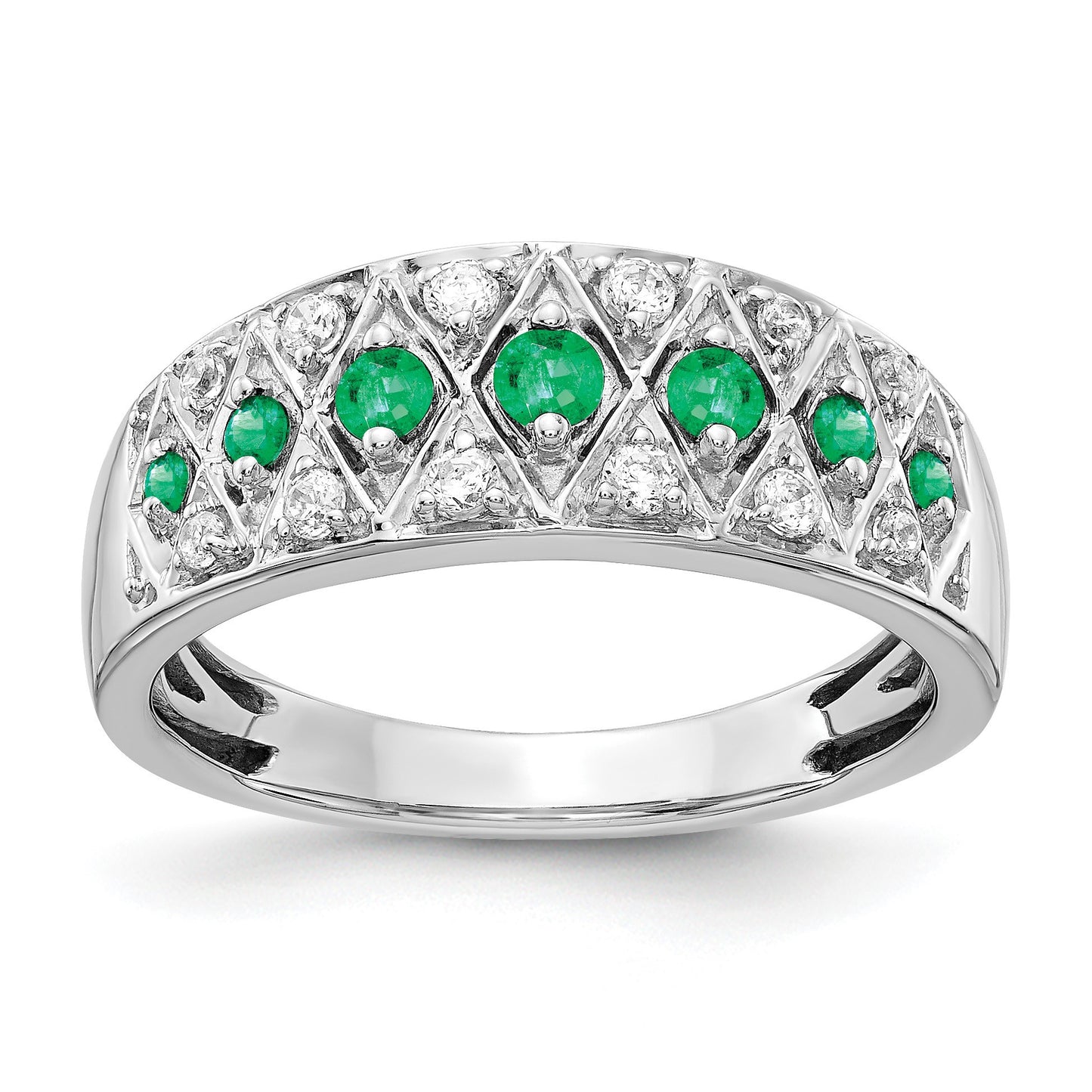 14k White Gold Graduated Emerald and 1/5 carat Diamond Fancy Ring