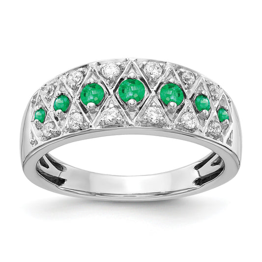 14k White Gold Graduated Emerald and 1/5 carat Diamond Fancy Ring