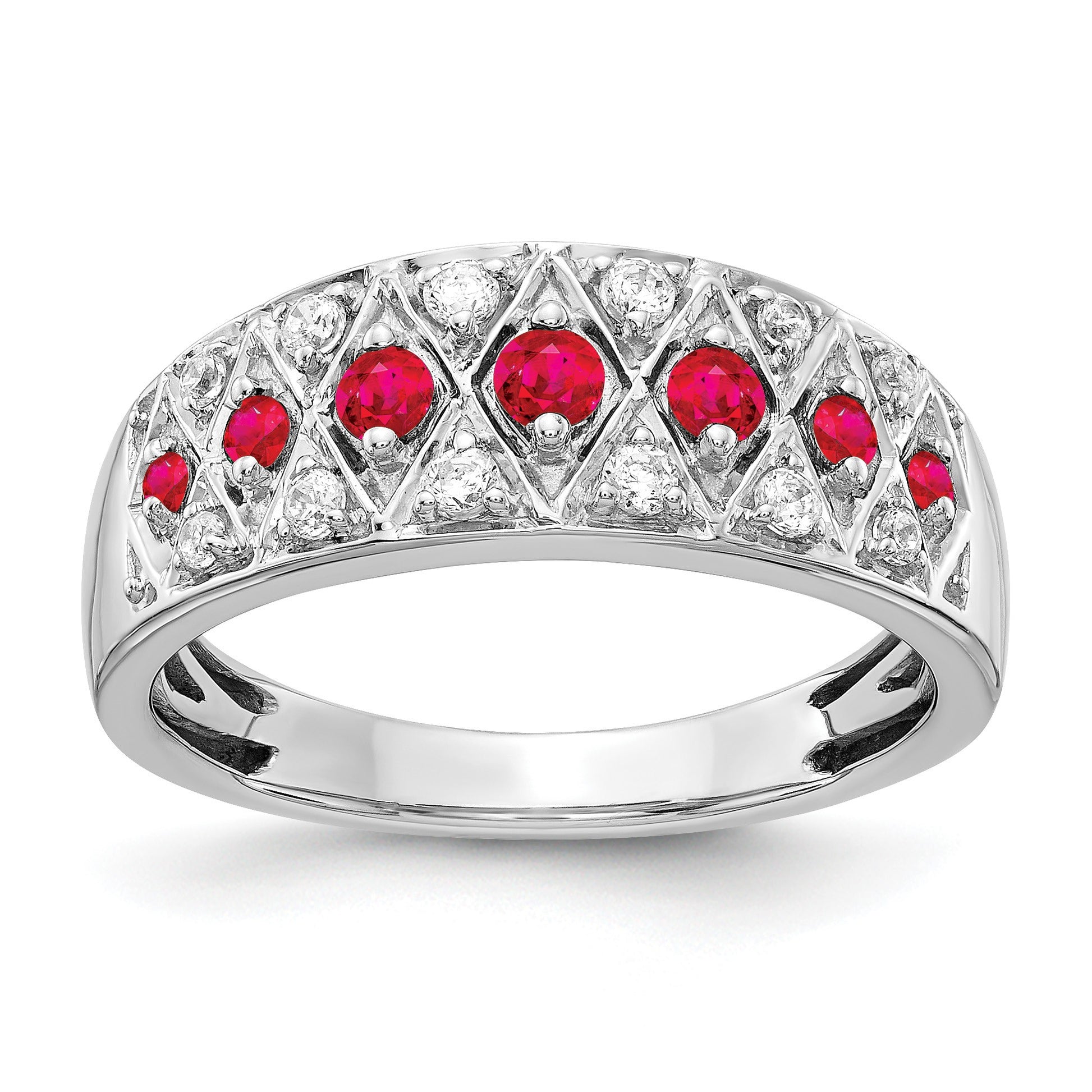 14k White Gold Graduated Ruby and 1/5 carat Diamond Fancy Ring