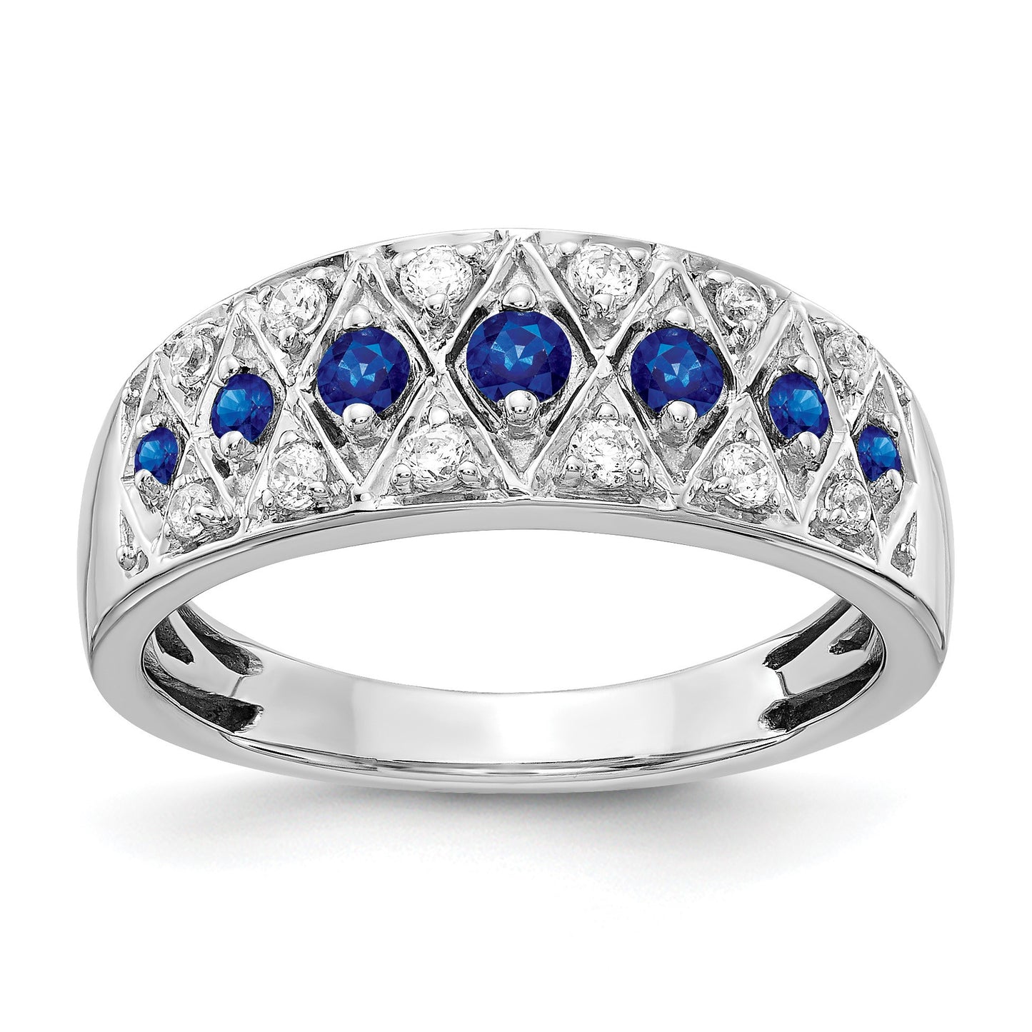 14k White Gold Graduated Blue Sapphire and 1/5 carat Diamond Fancy Ring
