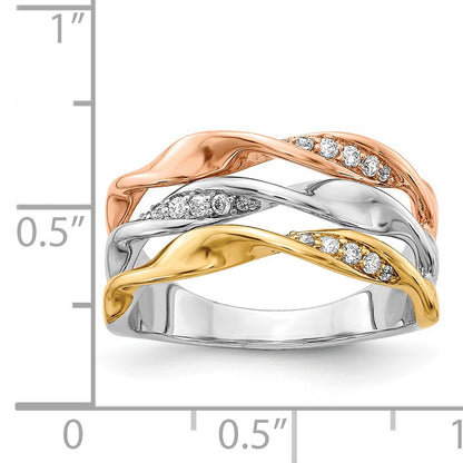 14k Tri-color 1/6 carat Diamond Fancy Triple-Strand Twist Ring