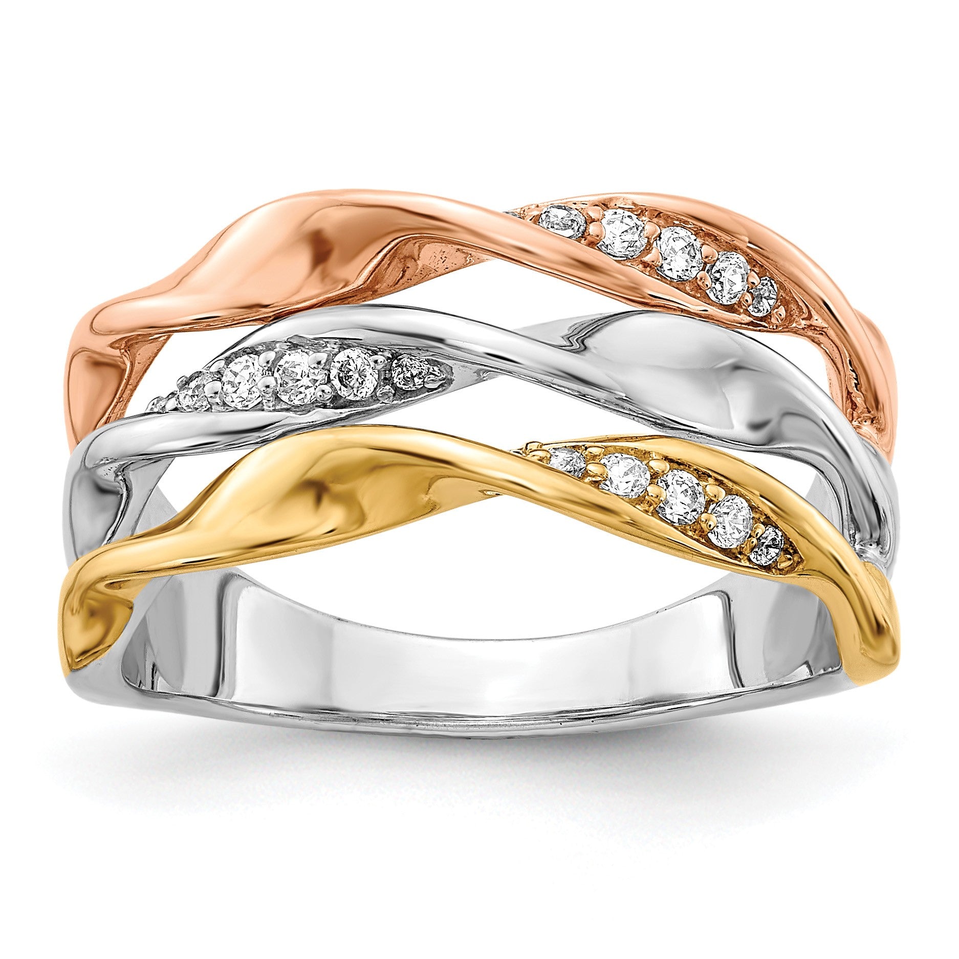 14k Tri-color 1/6 carat Diamond Fancy Triple-Strand Twist Ring