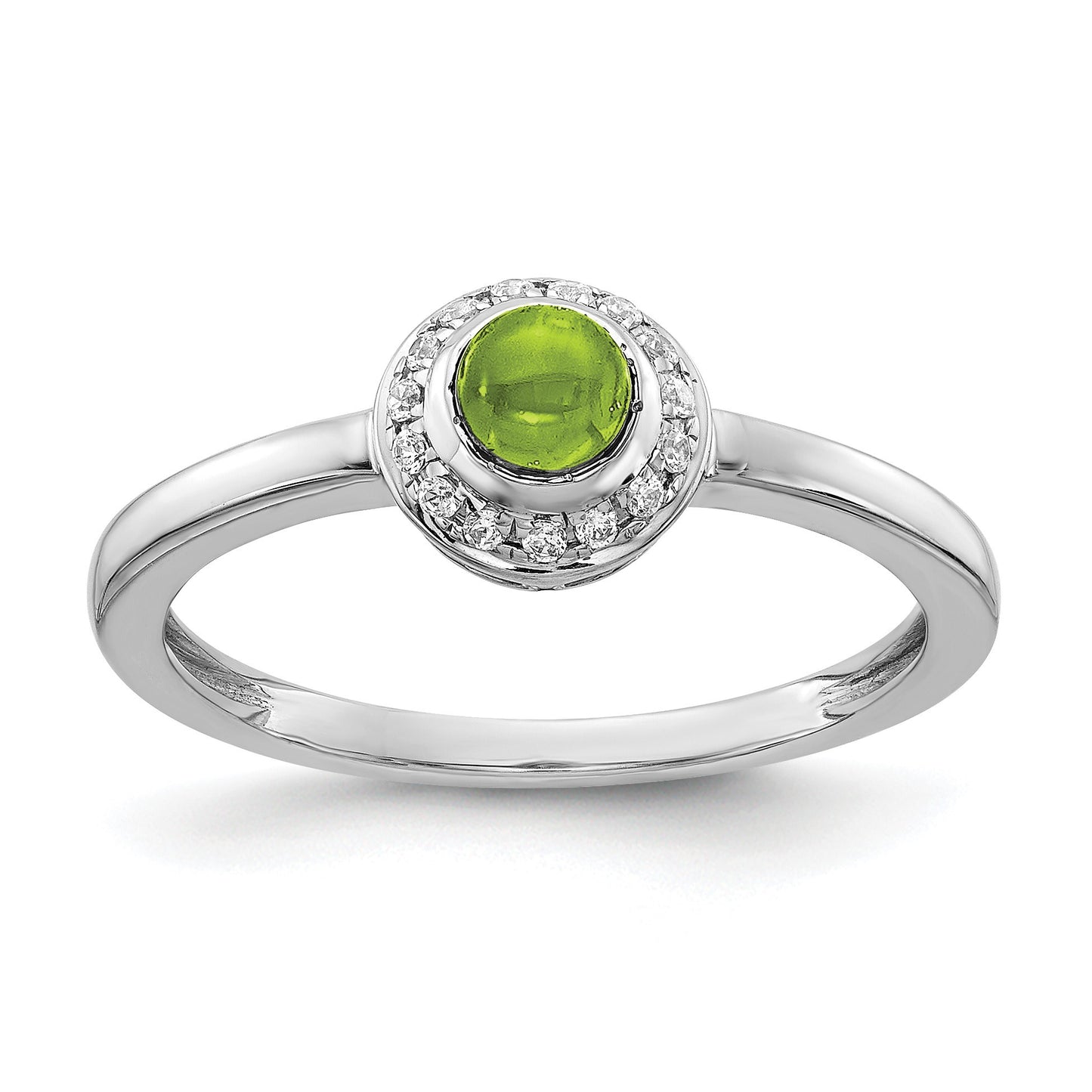 14k White Gold 1/15 carat Diamond and 4mm Round Cabochon Peridot Halo Ring