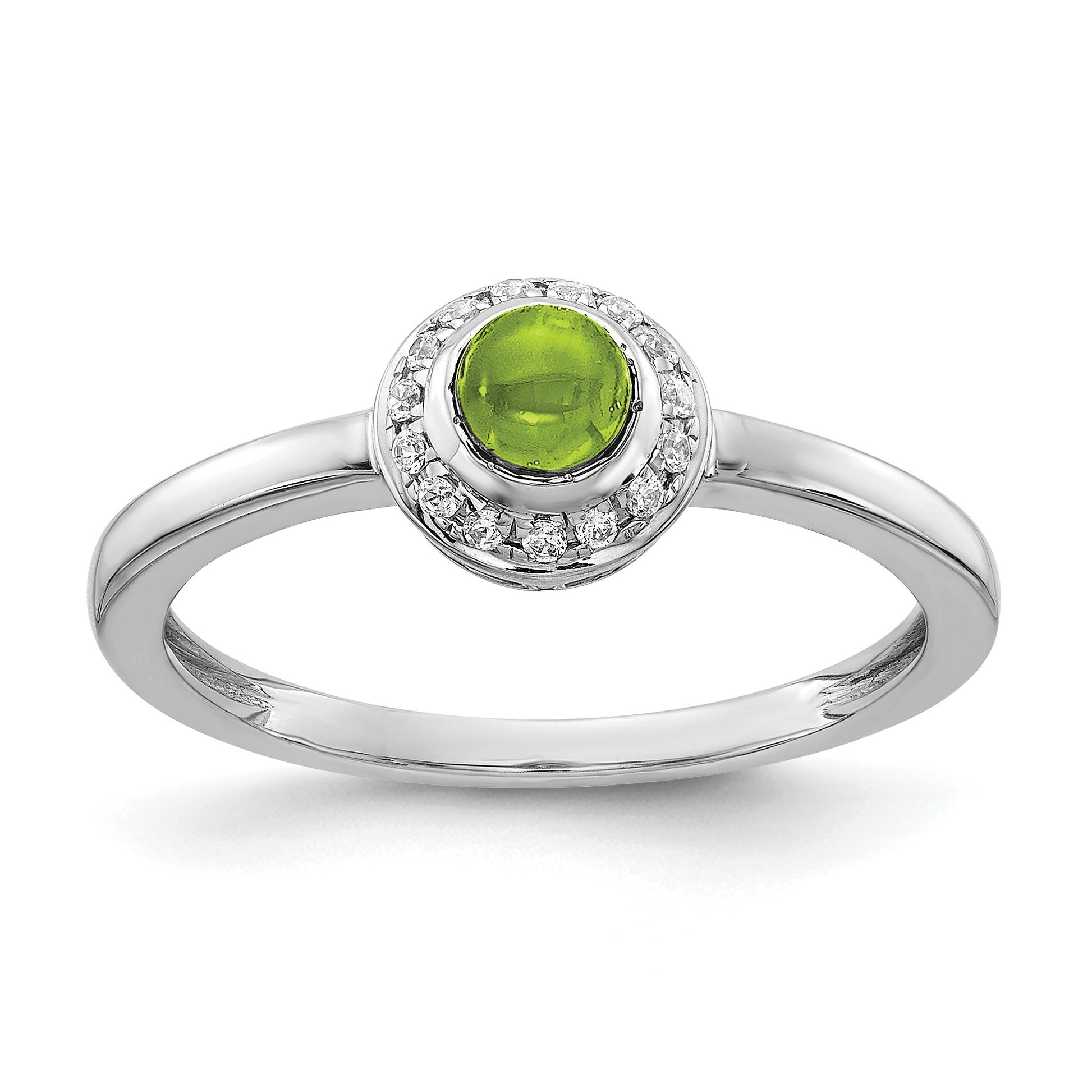 14k White Gold 1/15 carat Diamond and 4mm Round Cabochon Peridot Halo Ring