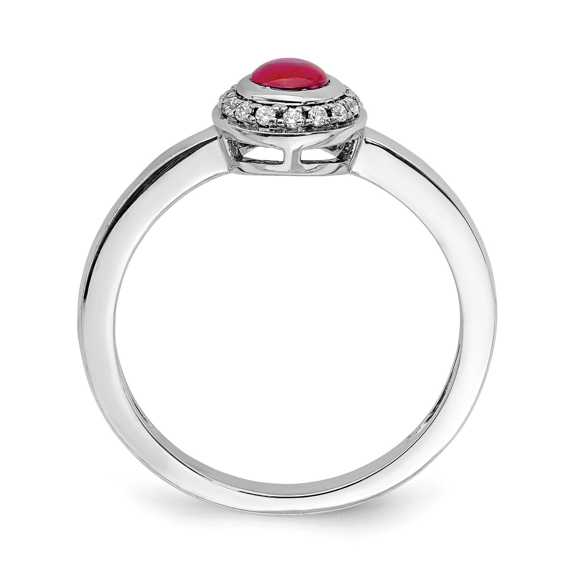 14k White Gold 1/15 carat Diamond and 4mm Round Cabochon Ruby Halo Ring