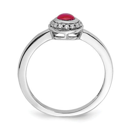 14k White Gold 1/15 carat Diamond and 4mm Round Cabochon Ruby Halo Ring