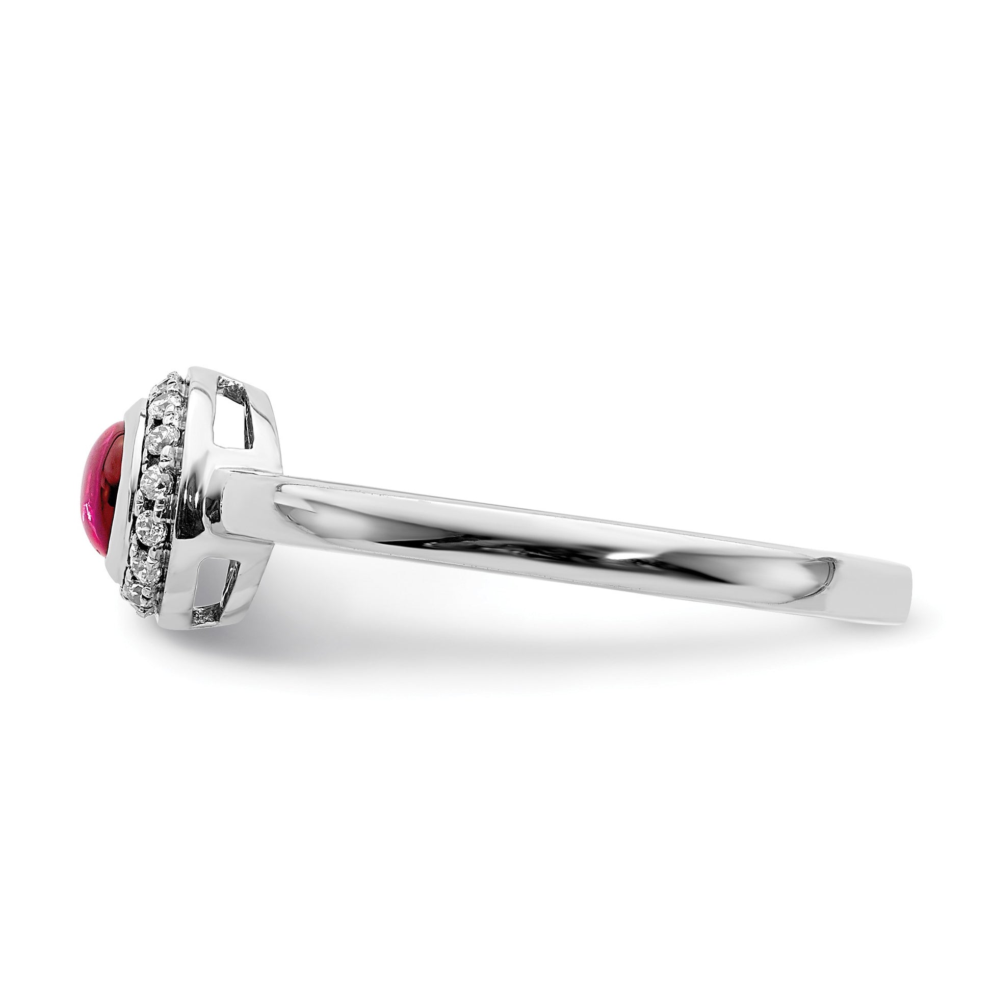 14k White Gold 1/15 carat Diamond and 4mm Round Cabochon Ruby Halo Ring