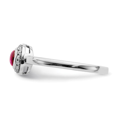 14k White Gold 1/15 carat Diamond and 4mm Round Cabochon Ruby Halo Ring