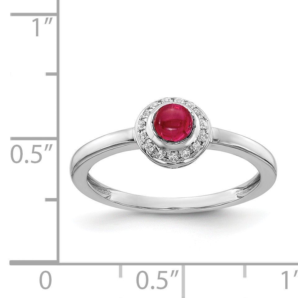 14k White Gold 1/15 carat Diamond and 4mm Round Cabochon Ruby Halo Ring