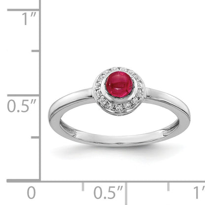 14k White Gold 1/15 carat Diamond and 4mm Round Cabochon Ruby Halo Ring