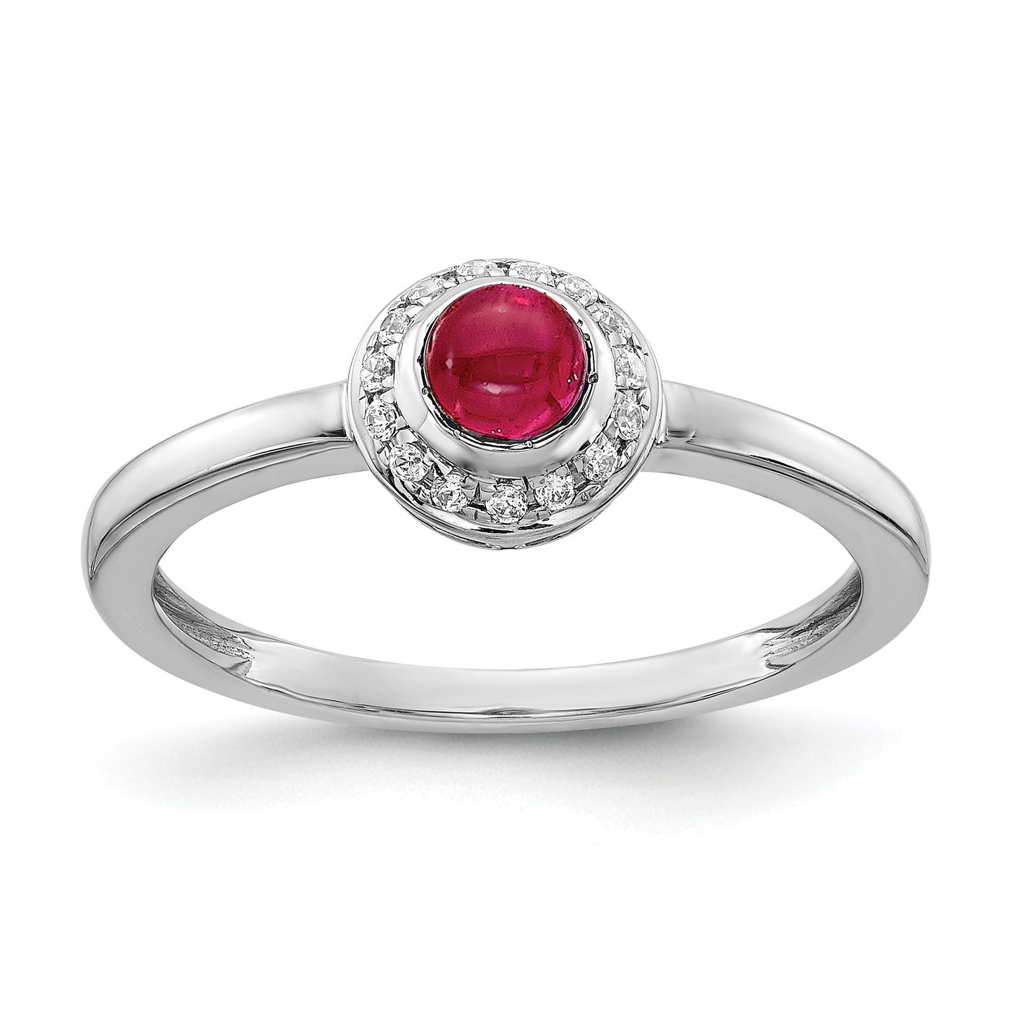 14k White Gold 1/15 carat Diamond and 4mm Round Cabochon Ruby Halo Ring