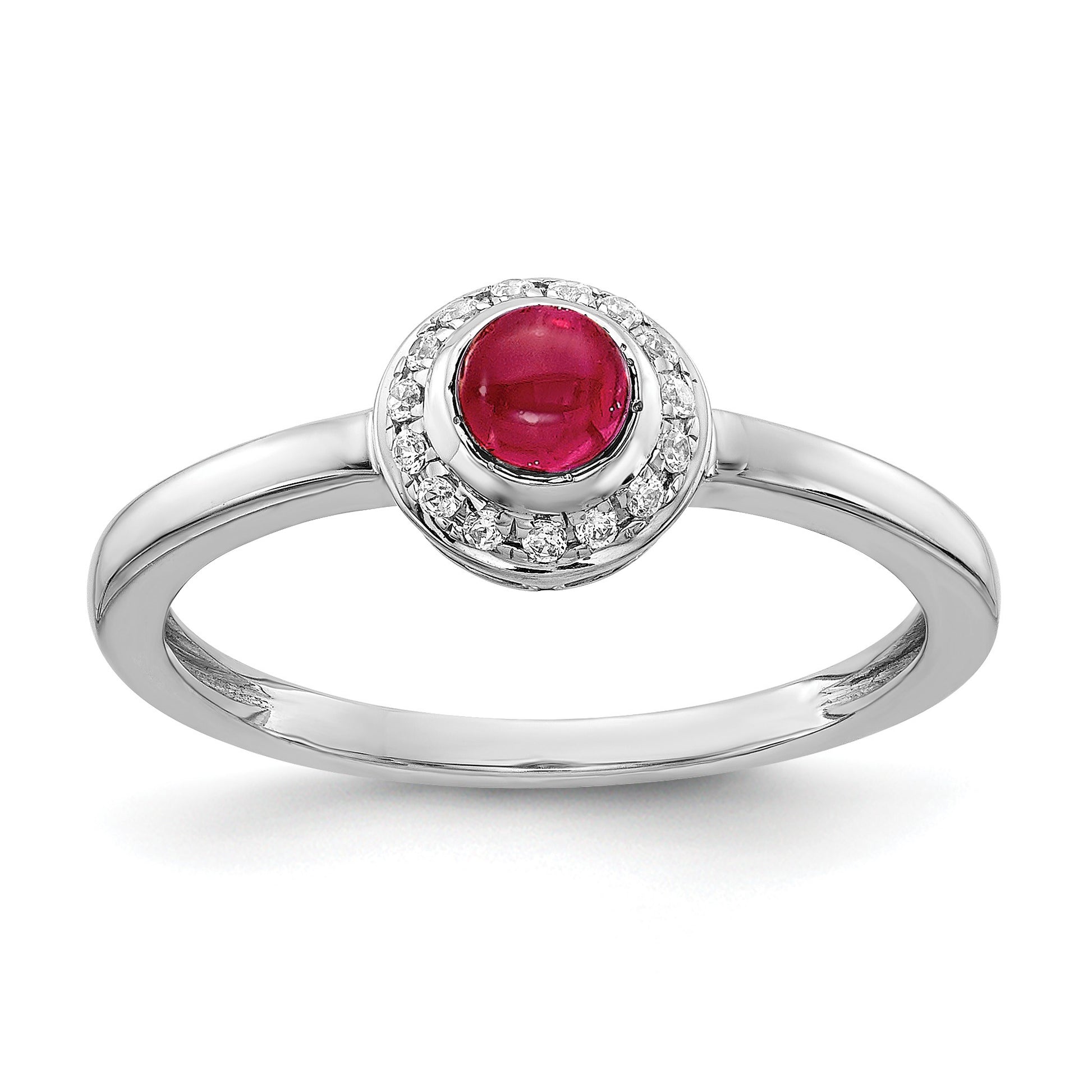 14k White Gold 1/15 carat Diamond and 4mm Round Cabochon Ruby Halo Ring