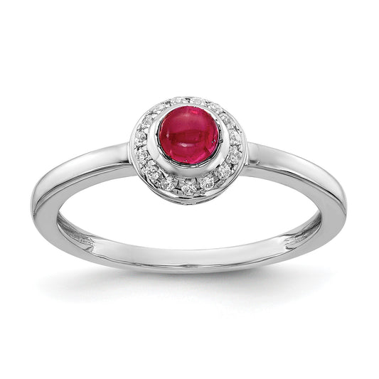 14k White Gold 1/15 carat Diamond and 4mm Round Cabochon Ruby Halo Ring