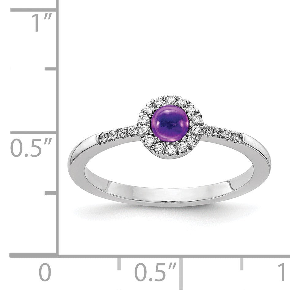 14k White Gold 1/10 carat Diamond and 3.7mm Round Cabochon Amethyst Halo Ring