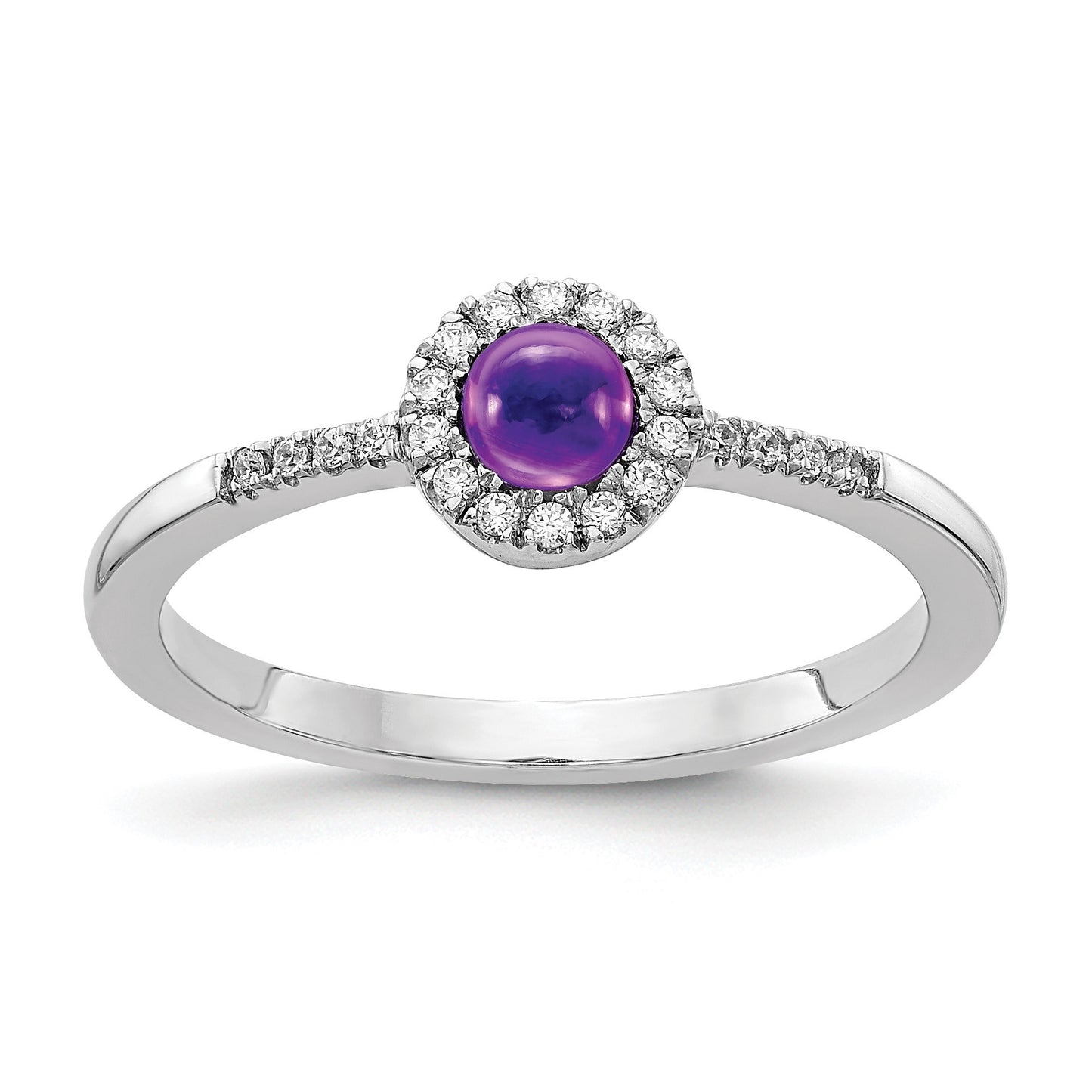 14k White Gold 1/10 carat Diamond and 3.7mm Round Cabochon Amethyst Halo Ring