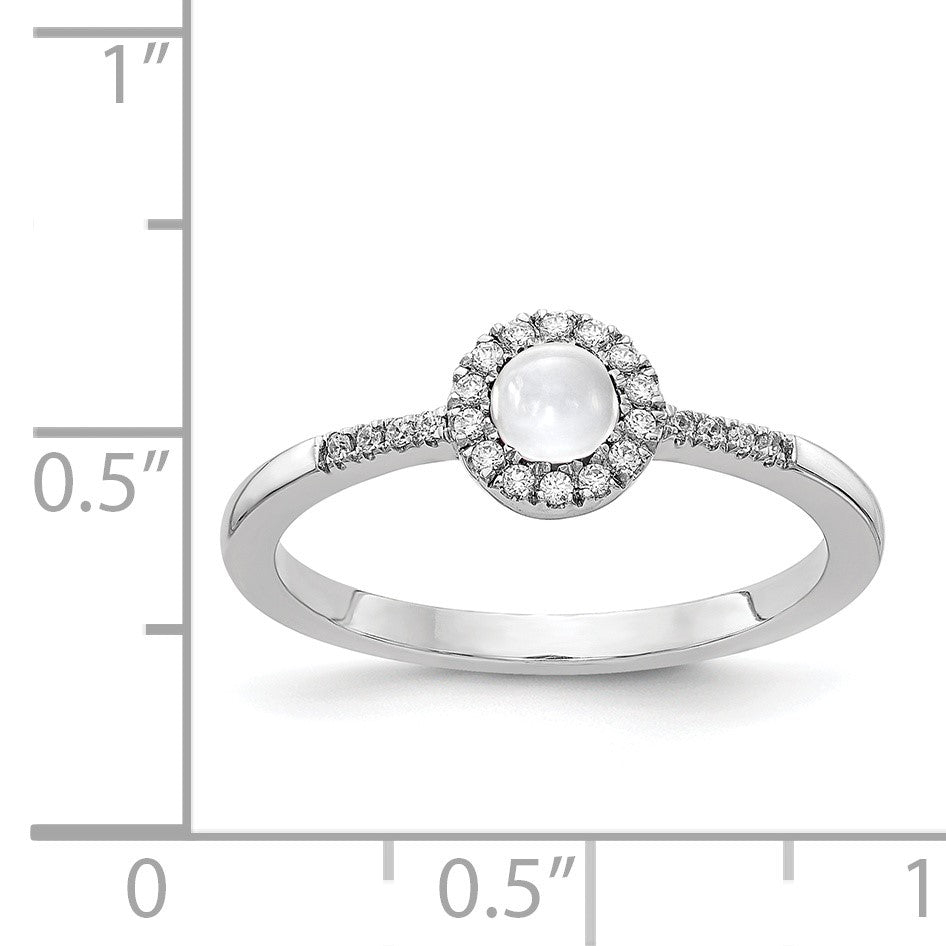 14k White Gold 1/10 carat Diamond and 3.7mm Round Cabochon White Topaz Halo Ring