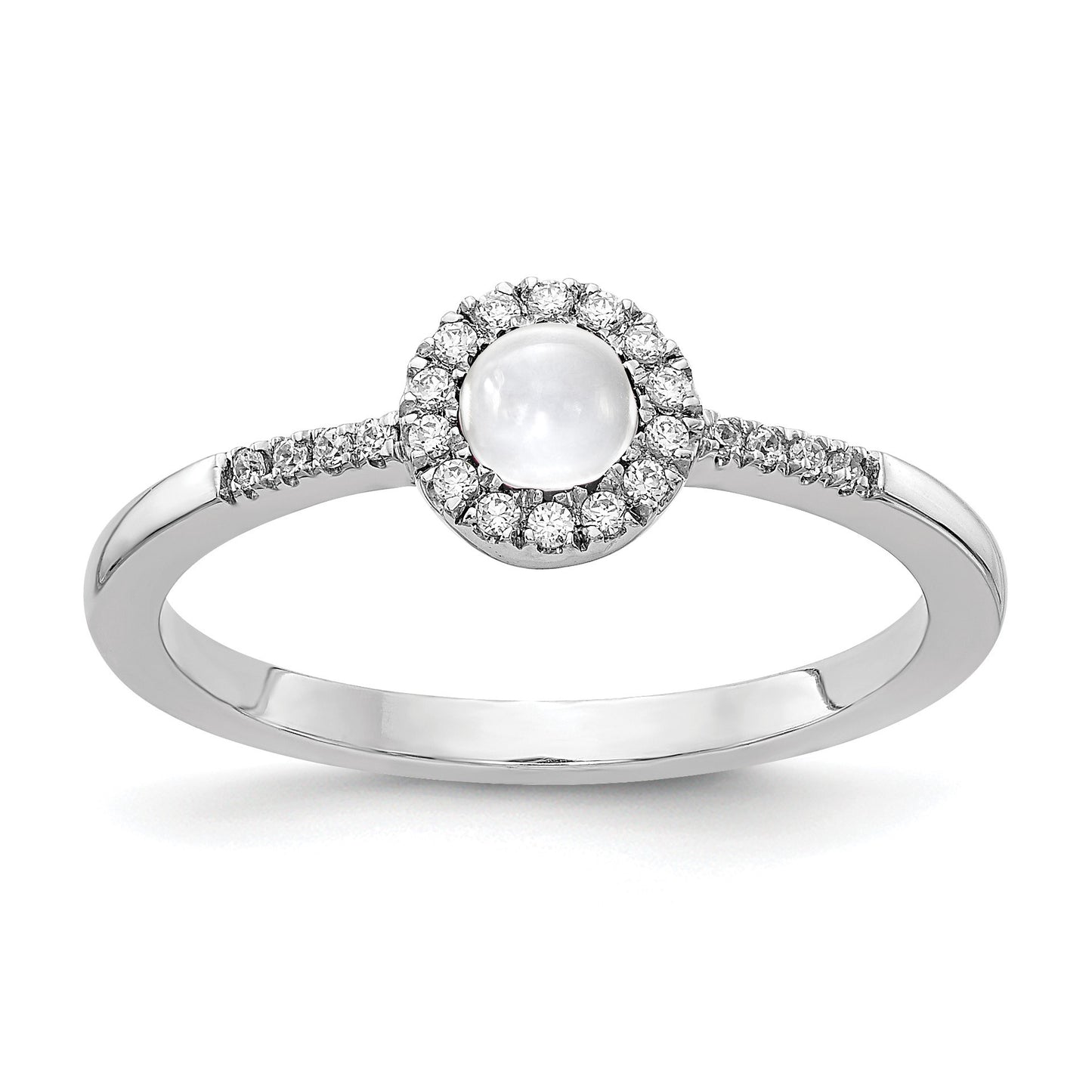 14k White Gold 1/10 carat Diamond and 3.7mm Round Cabochon White Topaz Halo Ring