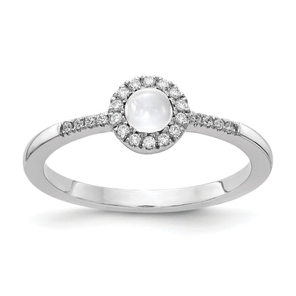 14k White Gold 1/10 carat Diamond and 3.7mm Round Cabochon White Topaz Halo Ring
