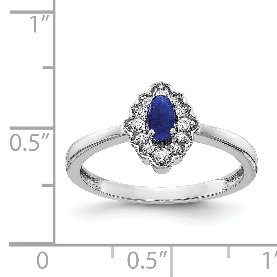 14k White Gold 1/10 carat Diamond and 5x3mm Oval Cabochon Blue Sapphire Halo Ring