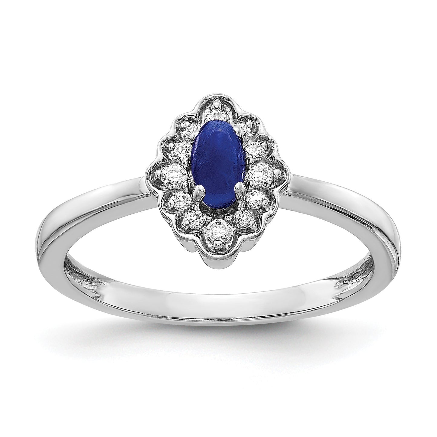 14k White Gold 1/10 carat Diamond and 5x3mm Oval Cabochon Blue Sapphire Halo Ring