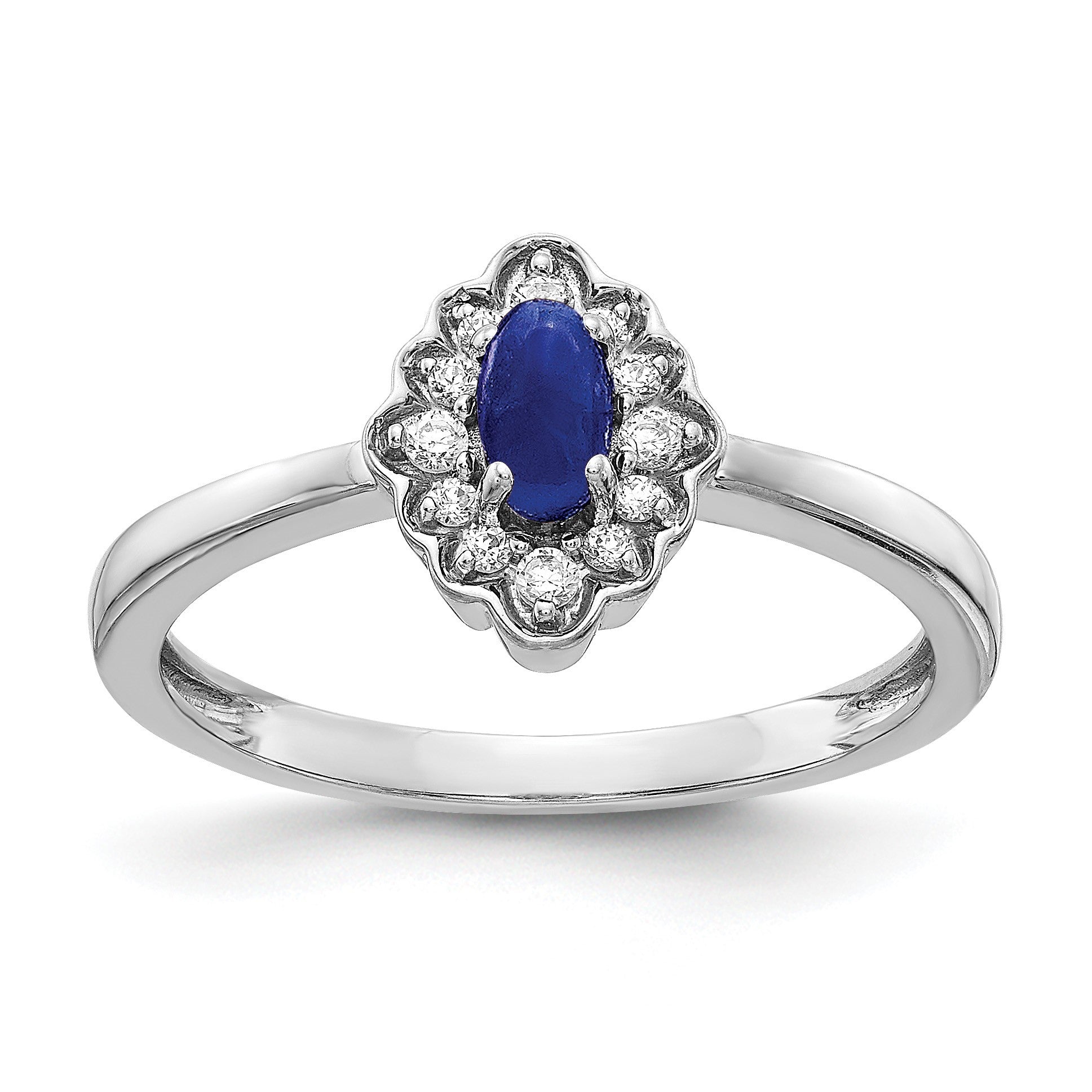 14k White Gold 1/10 carat Diamond and 5x3mm Oval Cabochon Blue Sapphire Halo Ring