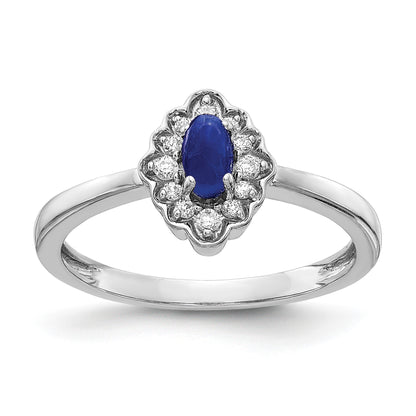 14k White Gold 1/10 carat Diamond and 5x3mm Oval Cabochon Blue Sapphire Halo Ring