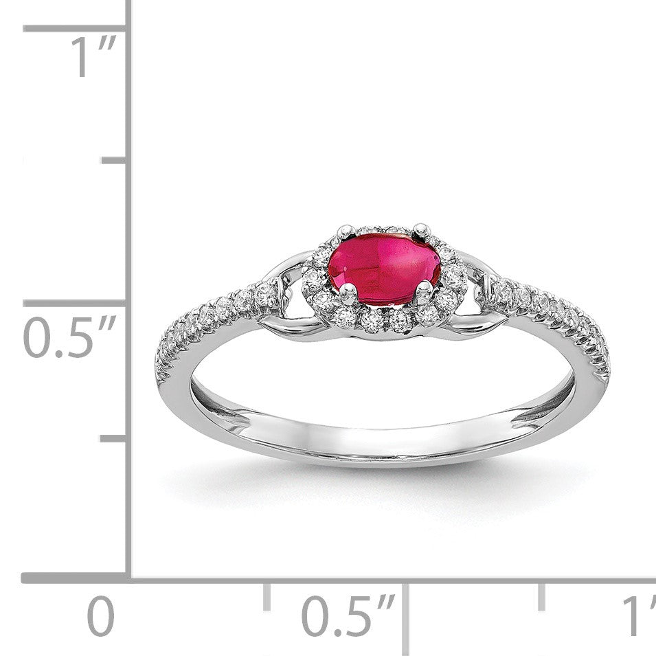 14k White Gold 1/6 carat Diamond and 5x3mm Oval Cabochon Ruby East-West Halo Ring
