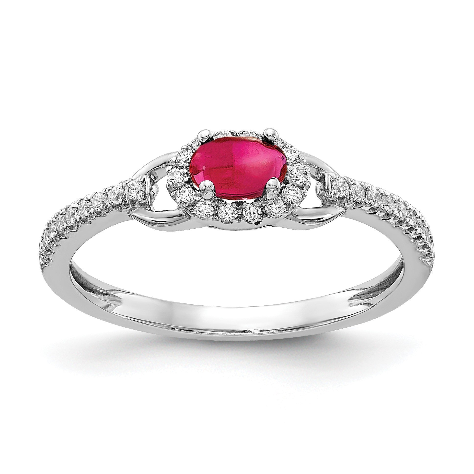 14k White Gold 1/6 carat Diamond and 5x3mm Oval Cabochon Ruby East-West Halo Ring