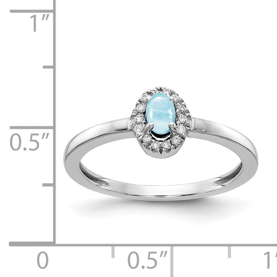 14k White Gold 1/15 carat Diamond and 5x3mm Oval Cabochon Aquamarine Halo Ring