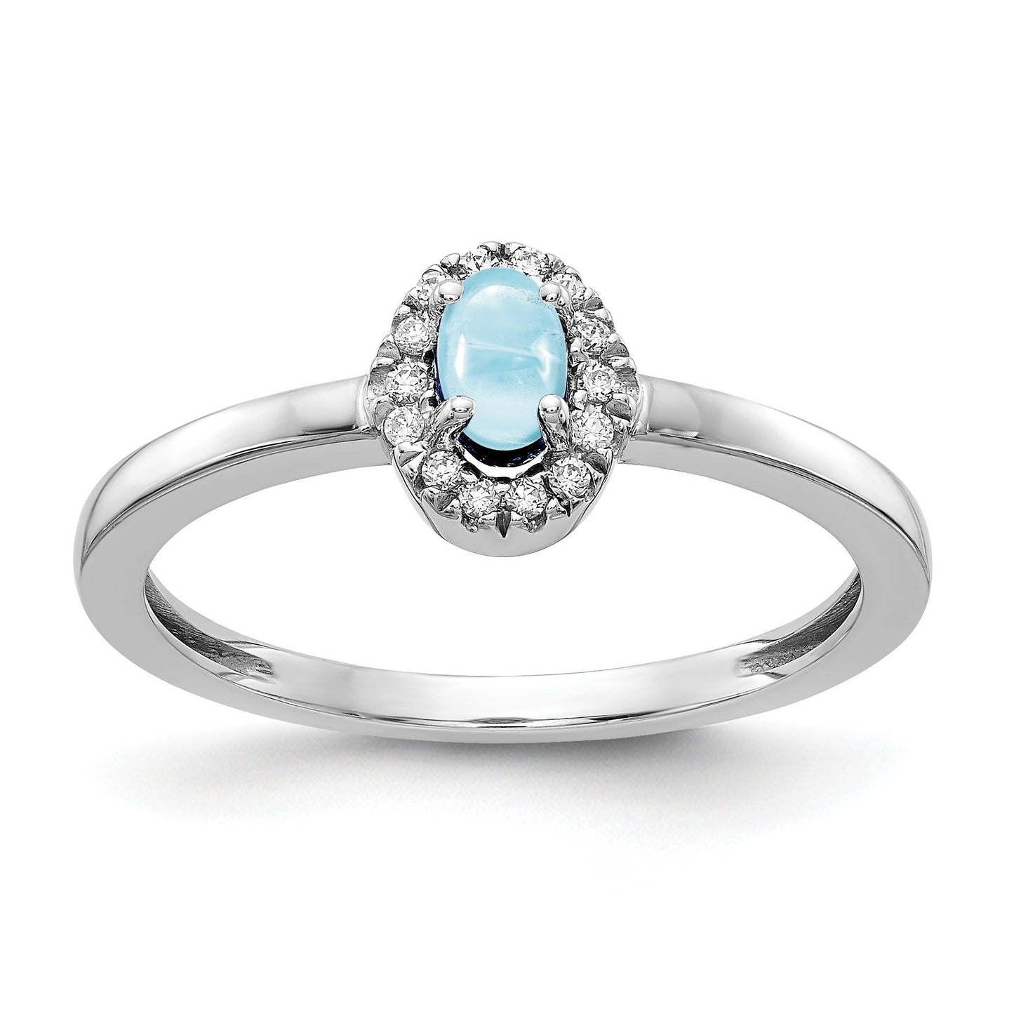 14k White Gold 1/15 carat Diamond and 5x3mm Oval Cabochon Aquamarine Halo Ring