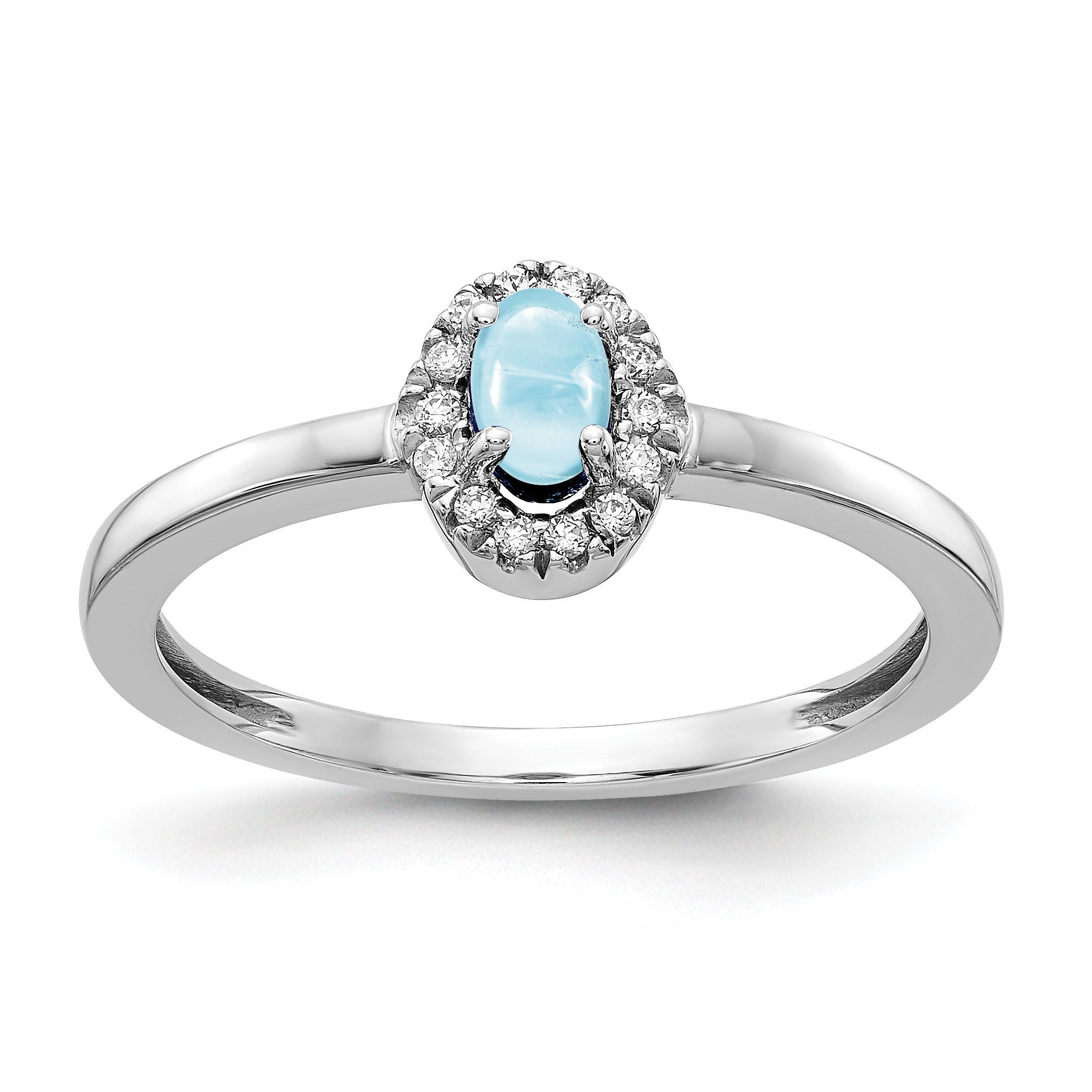 14k White Gold 1/15 carat Diamond and 5x3mm Oval Cabochon Aquamarine Halo Ring